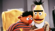 Ernie und Bert aus der Sesamstraße lesen ein Buch.