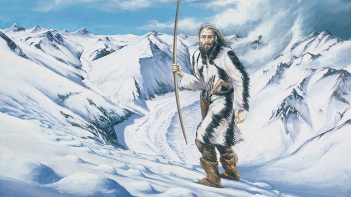 Gemälde: Ötzi auf verschneitem Gletscher.