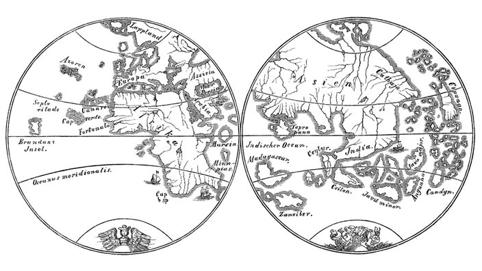 Schwarzweiß-Zeichnung beider Seiten des Behaimschen Globus. Amerika fehlt
