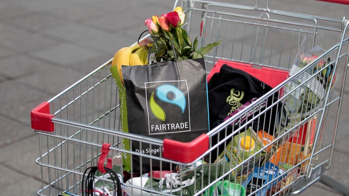 Einkaufswagen mit verschiedenen fair gehandelten Produkten