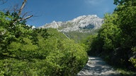 Ein gut ausgebauter Pfad führt durch eine Gebirgslandschaft.