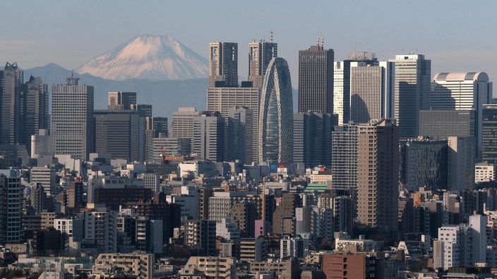 Blick auf die Skyline von Tokio mit dem Berg Fuji-san im Hintergrund