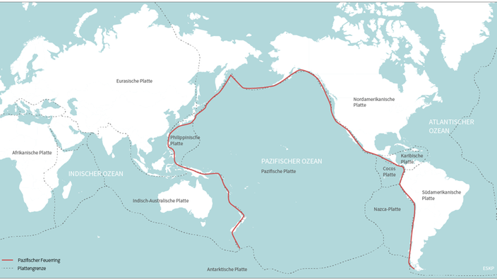 Karte mit der Darstellung der verschiedenen Erdplatten