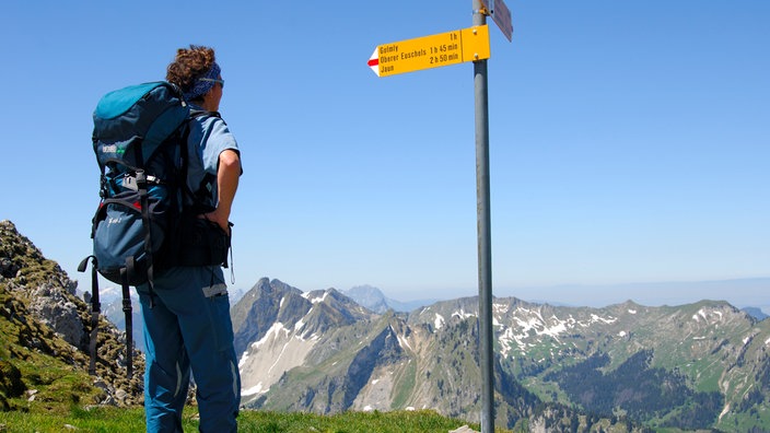 Bergsteiger steht vor gelbem Wegweiser