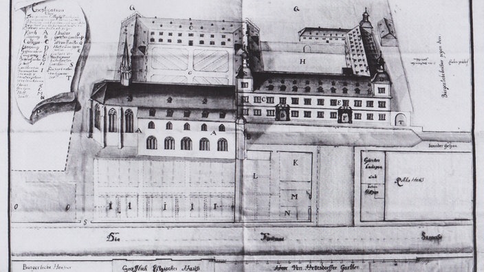 schwarzweiß-farbene Zeichnung des Jesuitenkolleges und -klosters in Koblenz, 1769.