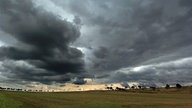 Wolken über einer Wiese mit Bäumen im Hintergrund