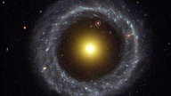 Blauer Sternenring um den gelben Kern einer Galaxie.